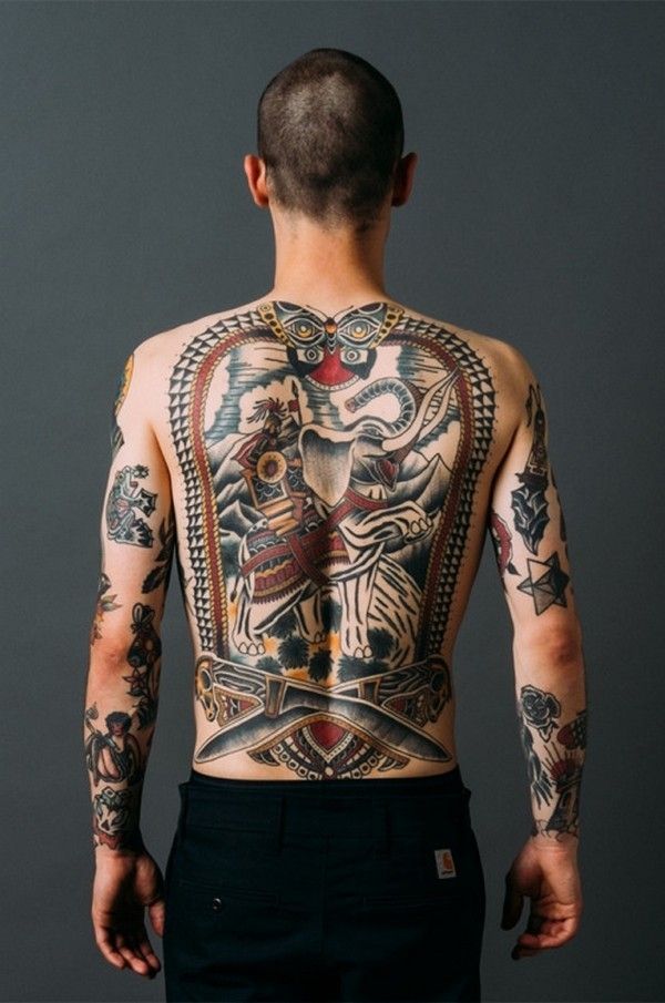 Traditional elephant and butterfly tattoo design for men on full back and sleeves tattoo ideas